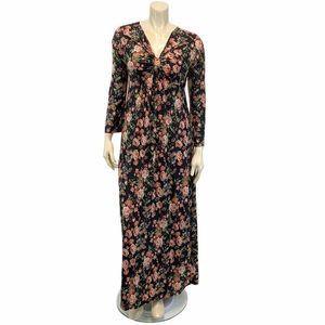 Black Rose Ruched VNeck Neckline Print Long Sleeve Maxi Cottagecore Whymsical